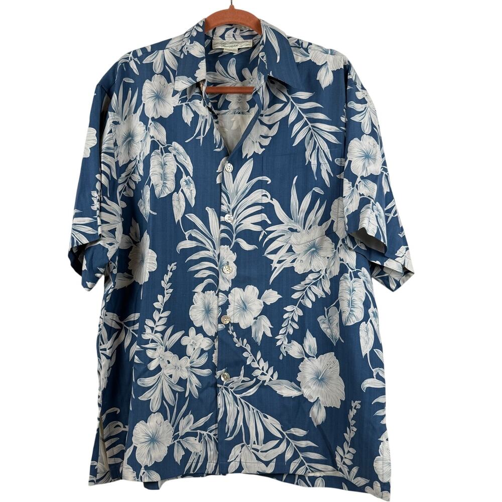 Pineapple Moon Silk Hawaiian Shirt Blue Floral Aloha Mens Medium Vintage